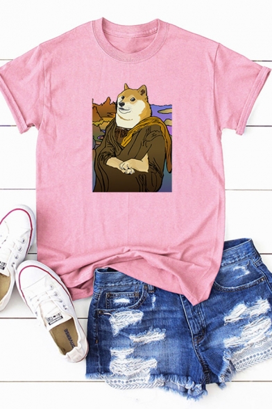 Spoof Cartoon Dog Print Short Sleeve Crewneck Leisure T-Shirt for Women