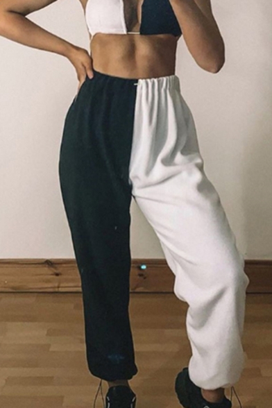 Street Cool Elastic Waist Contrasted Cuffed Ankle White Length Oversize Sweatpants for Hip Hop Girls