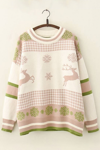 Stylish Color Blocked Deer Snowflake Pattern Long Sleeves Oversized Pullover Sweater