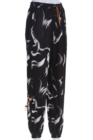 Stylish Cool Women's Elastic Waist Flame Printed Drawstring Cuffed Relaxed Tapered Pants in Black