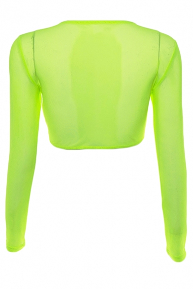 Stylish Green Girls' Long Sleeve Crew Neck Sheer Mesh Slim Fit Crop T Shirt for Party