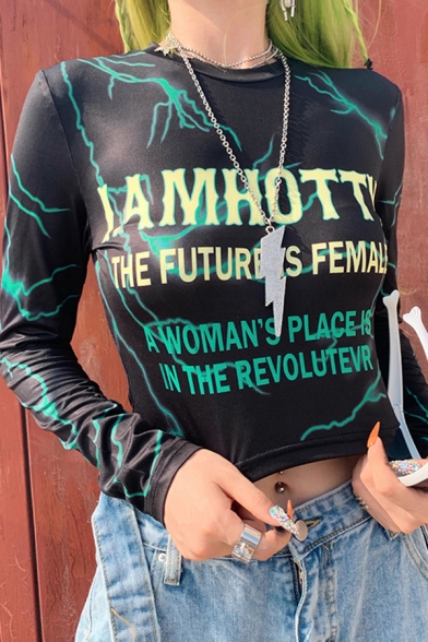 Stylish Women's Long Sleeve Crew Neck Letter JAMHOTTY Lightning Printed Slim Black Crop T-Shirt