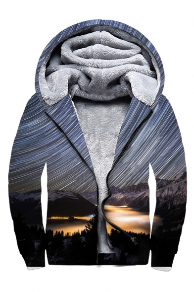 Warm 3D Landscape Print Long Sleeve Zip Up Hoodie