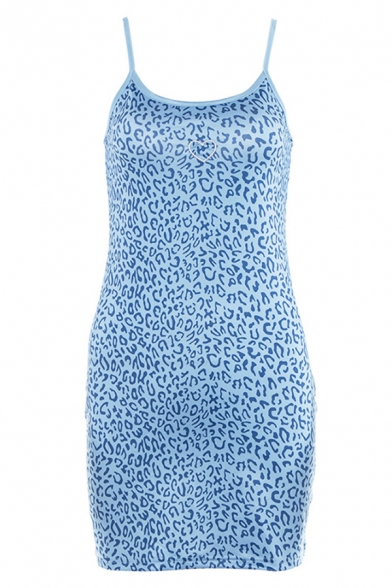 Womens Blue Chic Heart Leopard Printed Scoop Neck Sexy Night Club Mini Cami Dress