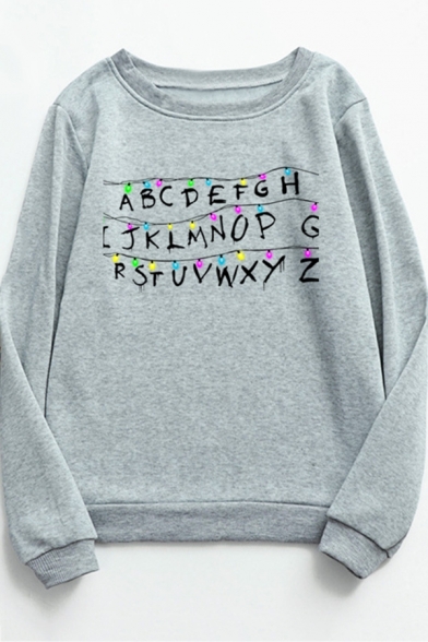 Womens Casual Alphabet Colorful Lights Printed Long Sleeve Regular Pullover Sweatshirt