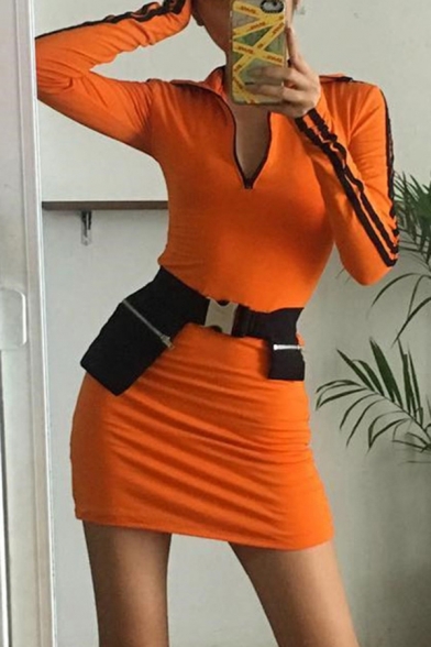Womens Casual Striped Long Sleeve Half Zip Placket Slim Fit Sportive Mini Dress in Orange