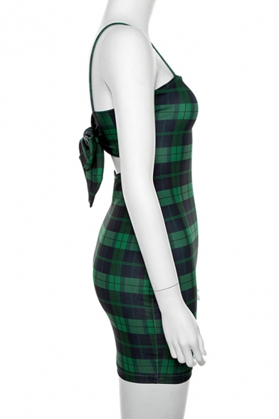 Womens Classic Green Plaid Printed Spaghetti Straps Bowknot Back Mini Party Slip Dress