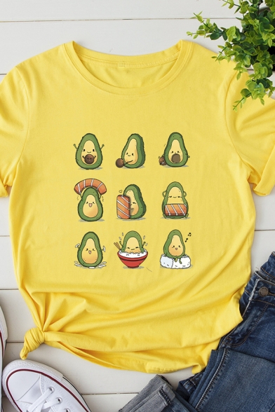 Womens Cute Avocado Spoof Printed Rolled Short Sleeve Loose T-Shirt