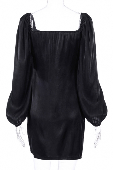 Womens Elegant Plain Black Square Neck Lantern Long Sleeve Mini Party Dress