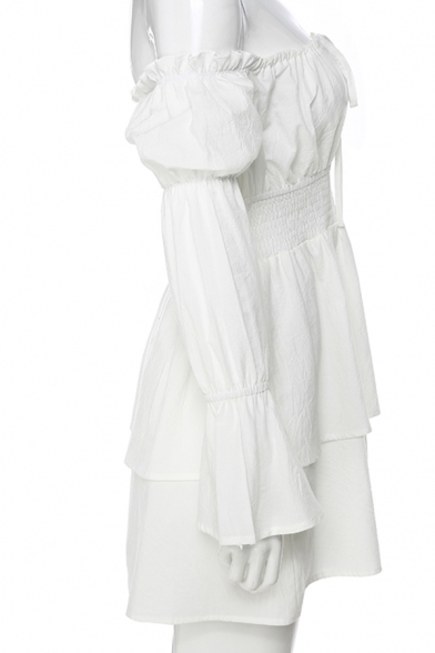 Womens Elegant White Tied Off Shoulder Bell Long Sleeve Ruched Gathered Waist Mini Party Dress