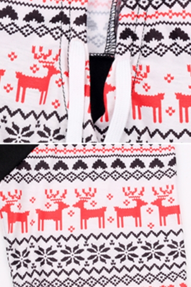 Womens Fashionable Christmas Elk Snowflake Patched Long Sleeve Slim Black Casual Pullover Hoodie