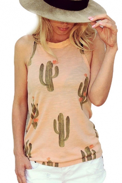 Womens Lovely Cactus Printed Sleeveless Regular Fit Tank Top