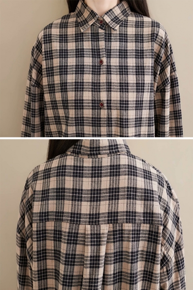 Womens Popular Checked Print Long Sleeve Button Down Oversized Cotton Shirt