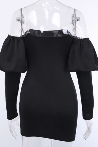 Womens Popular Clear Straps Off Shoulder Lantern Long Sleeve Mini Black Dress for Evening Party