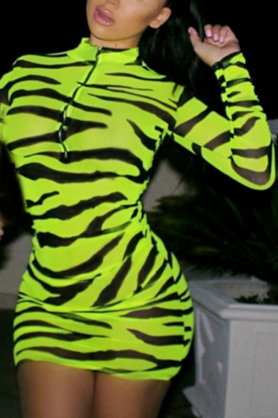 Womens Popular Zebra Printed Long Sleeve Zip Front Green Midi Bodycon Party Dress