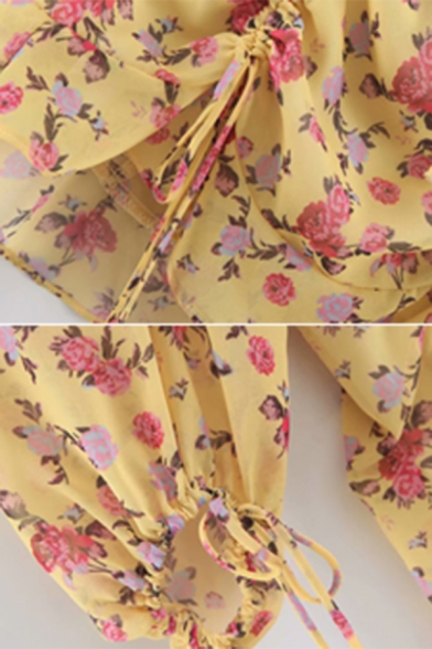 Womens Retro Floral Print Lantern Sleeve Lace Up Front Drawstring Ruched Yellow Mini Dress