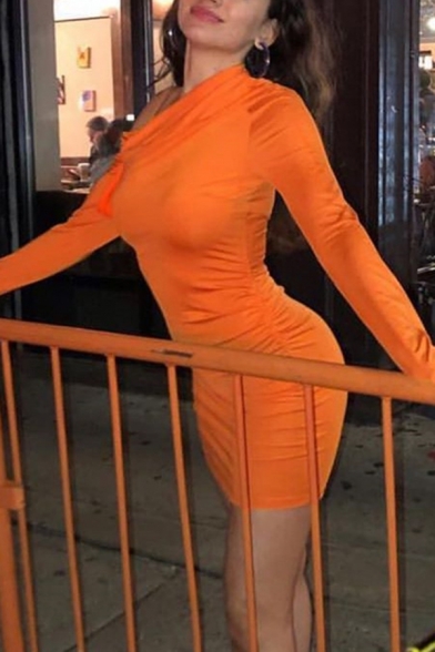 Womens Sexy Fashion Slash One Shoulder Long Sleeve Orange Plain Fitted Mini Dress for Club