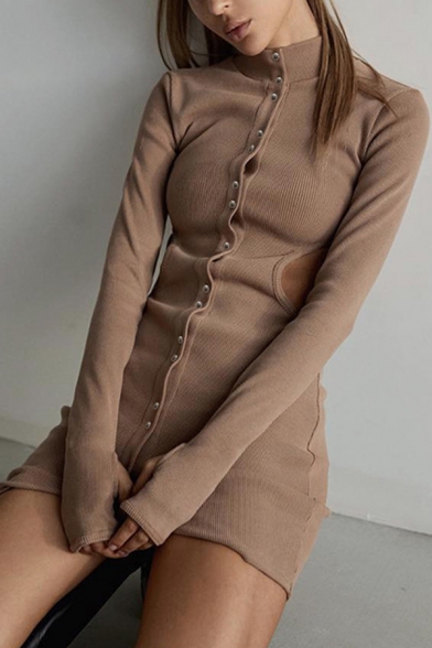 Womens Simple Mock Neck Cutout Glove Long Sleeve Single Breasted Khaki Mini Fitted Club Dress