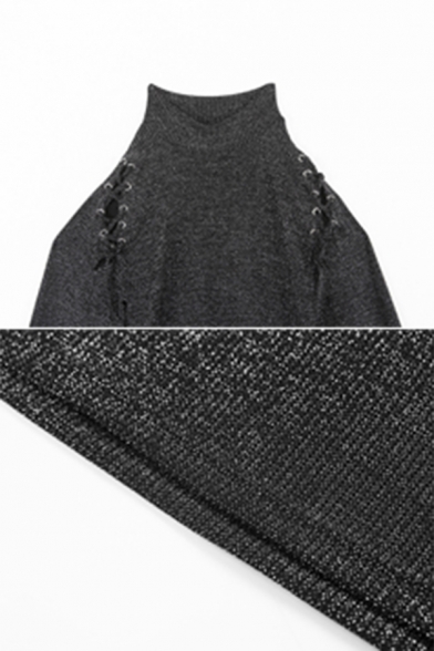 Womens Stylish Lace-Up Patched Long Sleeve Mock Neck Plain Black Bodycon Dress