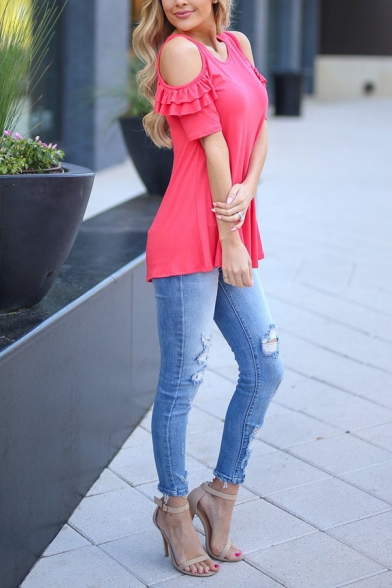 Womens Trendy Plain Rose Red Tiered Frill Cold Shoulder Short Sleeve Round Neck Casual T-Shirt