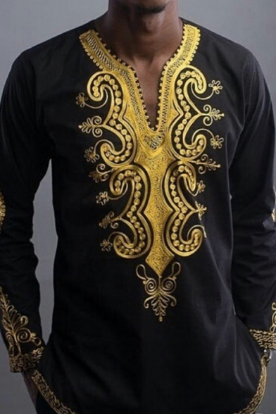 Prsun Men Retro Long Sleeve African Print V-Neck Mid-Long Tee T-Shirt 