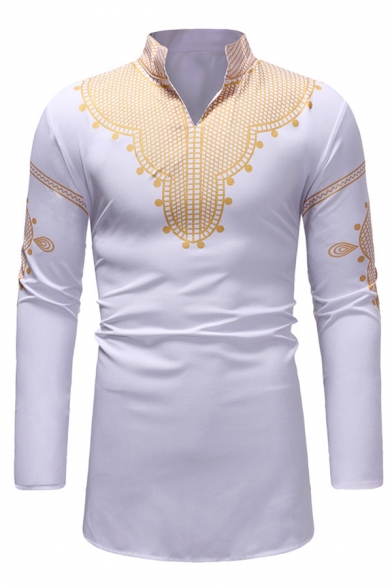 African Fashion Tribal Pattern Mandarin Collar V Neck Long Sleeves Slim Fit Tunic Shirt