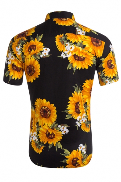 Allover Sunflower Printed Short Sleeve Button Up Summer Holiday Shirt for Men