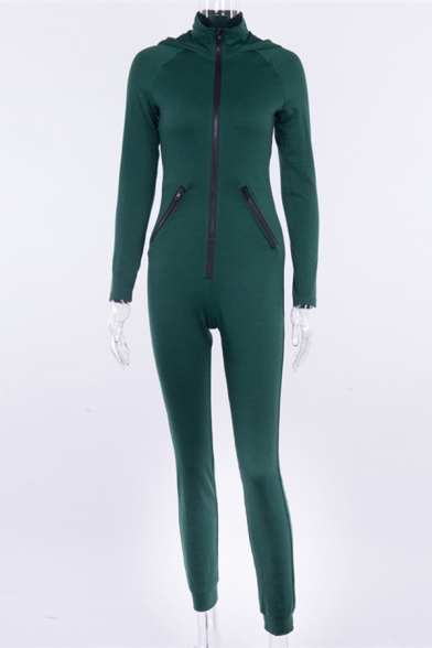 Basic Casual Women's Long Sleeve Hooded Zipper Front Cuffed Long Slim Fit Jogger Jumpsuit in Green