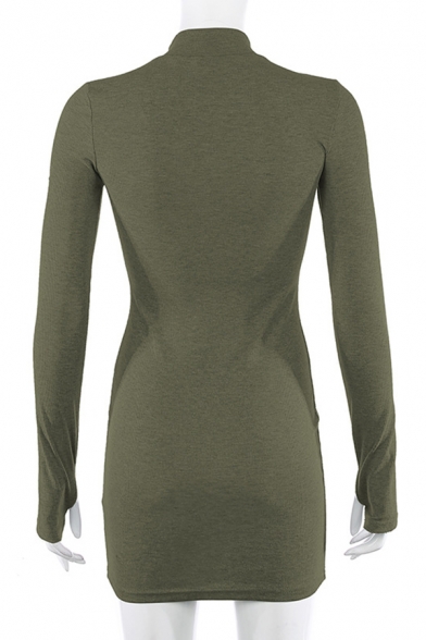 Basic Plain Glove Sleeve Mock Neck Knit Mini Tight Tee Shirt for Ladies