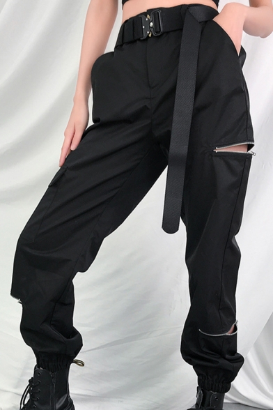 Black Cool Street High Rise Buckle Belt Flat Pocket Zipper Detail Cuffed Ankle Tapered Fit Cargo Pants for Female