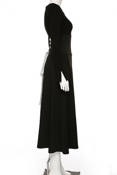 Black Simply Women's Detached Cuff Square Neck Lace Up Back Pleated Maxi A-Line Dress