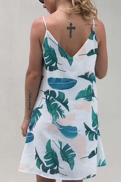 Casual Summer Sleeveless V-Neck Leaf Printed Loose Fit Short Beach Cami Trapeze Dress for Women