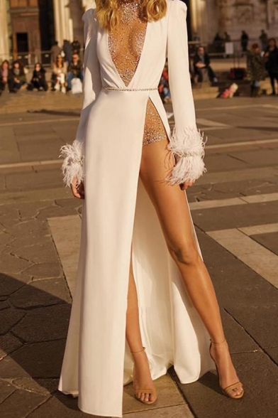 Classy Amazing Long Sleeve Deep V-Neck Fringe High Slit Side White Maxi Couture Flowy Dress for Ladies