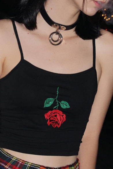 Cool Street Sleeveless Rose Print Slim Fit Black Crop Cami for Female