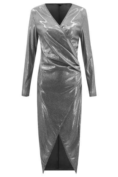 Elegant Pretty Ladies' Long Sleeve Surplice Neck High Slit Front Plain Maxi Wrap Column Dress for Evening Cocktail