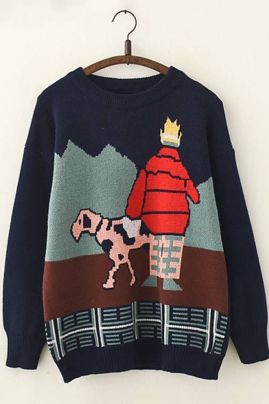 Fancy Cartoon Printed Long Sleeve Round Neck Navy Knit Pullover Sweater in Loose Fit
