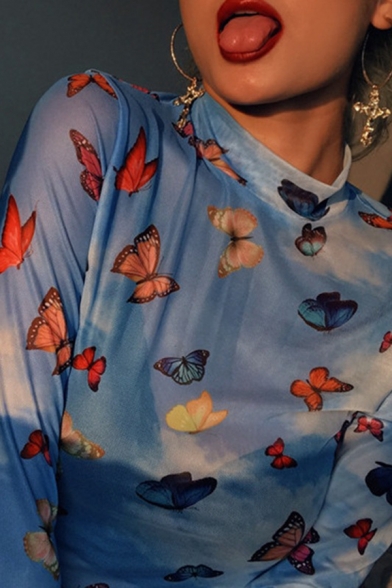 Fancy Women's Long Sleeve Mock Neck Butterfly Print Slim Fit Crop T-Shirt in Blue