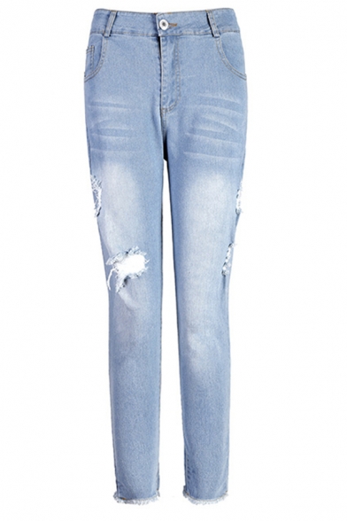 Girls' Casual Simply Mid Rise Bleach Distressed Fray Cuffs Ankle Length Skinny Jeans in Light Blue