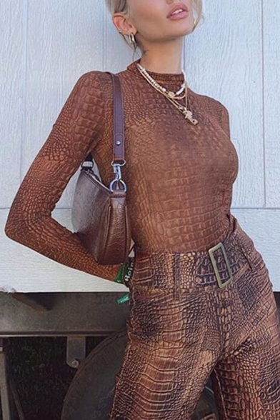 Girls' Hot Trendy Long Sleeve High Neck Snake Tight Bodysuit in Brown