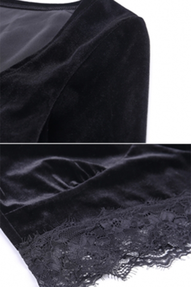 Gothic Girls' Bell Sleeve Deep V-Neck Sheer Lace Trim Slim Fit Velvet Black Crop T Shirt for Nightclub