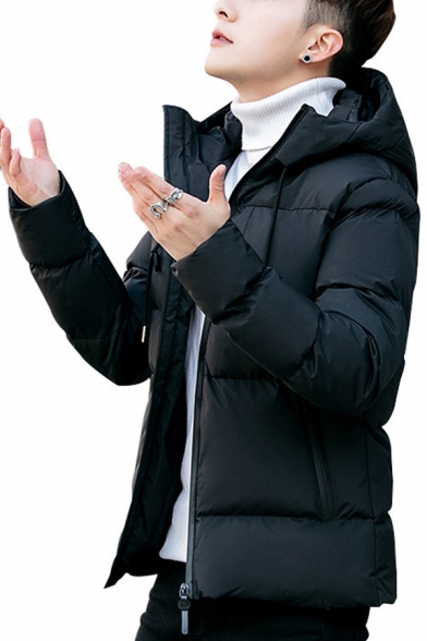 Guys Stylish Plain Long Sleeve Zip Closure Slim Fit Short Hooded Puffer Coat with Pocket