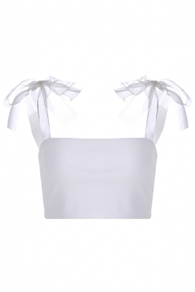 Ladies Sweet Sleeveless Organza Bow-Tied Strap White Crop Tube Top