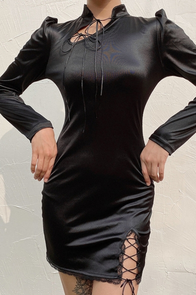 Lady's Black Puff Long Sleeve Lace-Up Side Split Lace Patch Chirpaur Retro Mini Dress