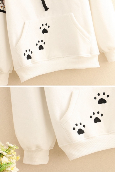 Lovely Embroidery Cat Footprint Pattern Kangaroo Pocket Striped Long Sleeve Drawstring Hoodie