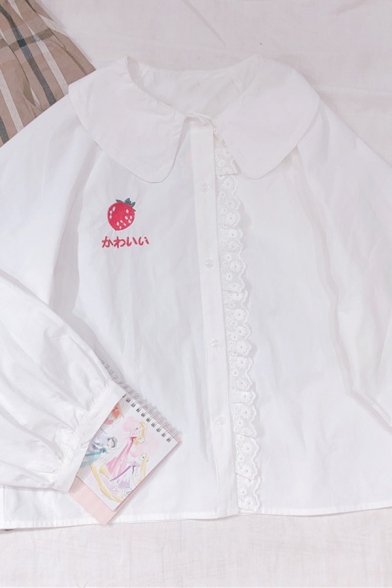 Lovely Strawberry Embroidery Peter Pan Collar Lantern Long Sleeve White Blouse Shirt
