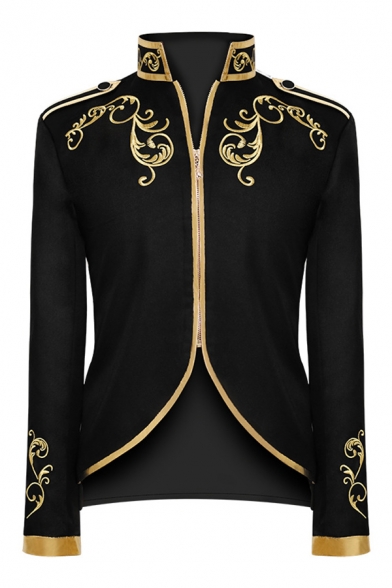 Men's Vintage British Style Gold Floral Embroidery Stand Collar Zip Up Palace Prince Asymmetric Tuxedo Blazer