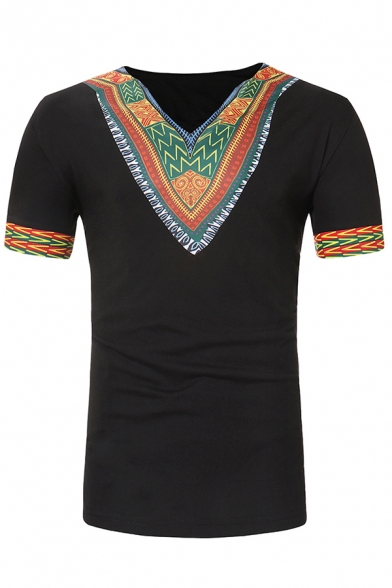 Mens African Style Printed Short Sleeve V-Neck Slim Fit Retro T-Shirt