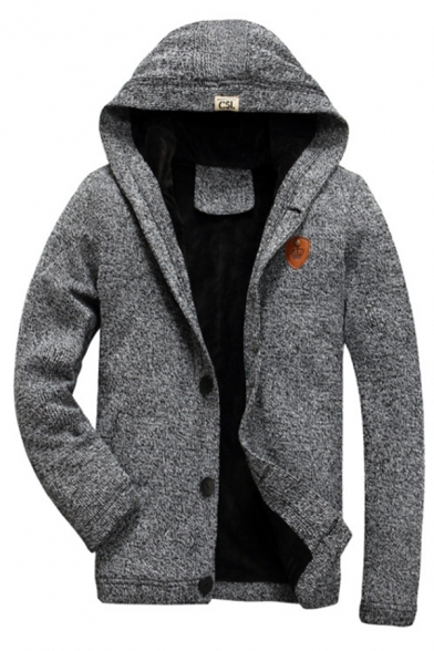Mens Casual Applique Chest Long Sleeve  Button Down Plain Gray Hooded Cardigan Knitwear Coat