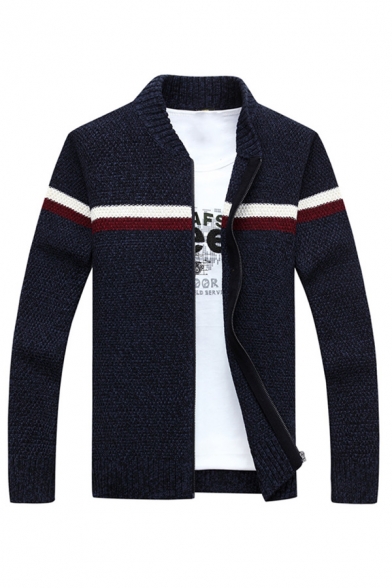 Mens Casual Stripes Pattern Long Sleeve Zip Up Slim Fit Simple Knitted Jacket Cardigan