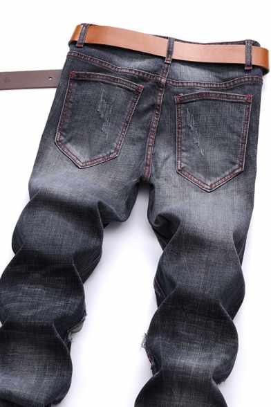 Mens Creative Colorblocked Patchwork Zip Placket Shredded Denim Pants Straight Jeans